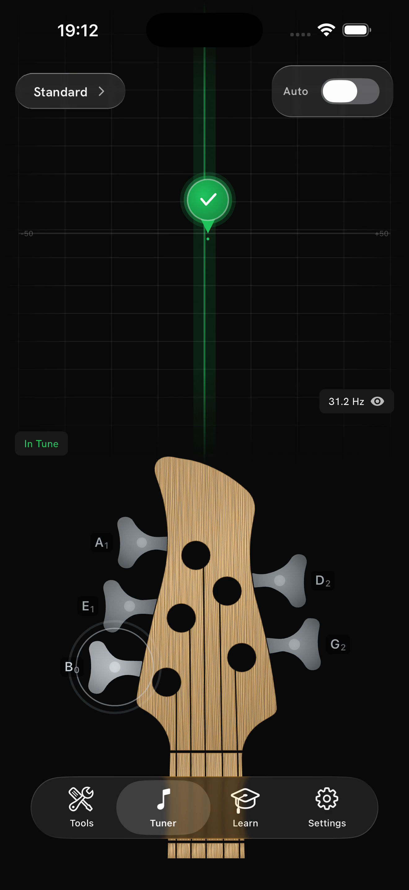 5 String Bass Tuner showing a low B string in tune