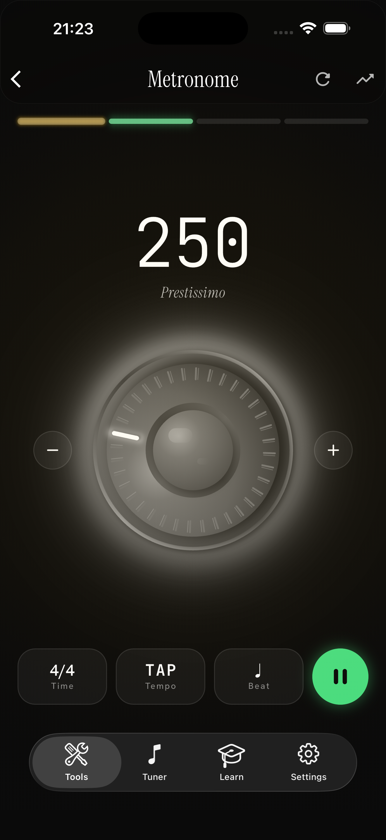 Metronome in 5 String Bass Tuner, with a radial tempo dial and beat controls
